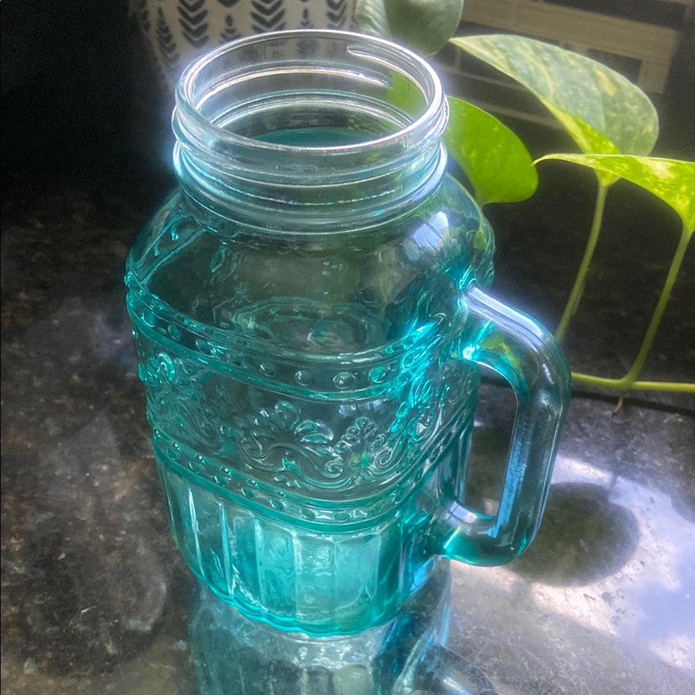 The Pioneer Woman Teal Glass Mason-Style Drinking Jar with Handle